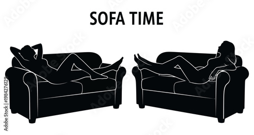 Silhouettes of two women relaxing on sofas during leisure time