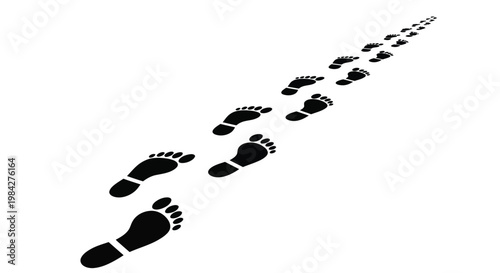 A stark winding trail of human footprints stretches across a bright white background suggesting a journey or path forward a striking silhouette high quality