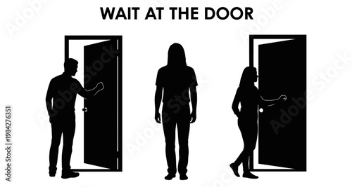 Silhouettes waiting at open doors during daytime concept for patience and entry