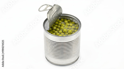 A can of green peas with the lid partially open on a white background