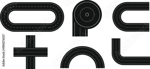 Road Elements Set - Curved, Circular and Intersection Highway Vector Design