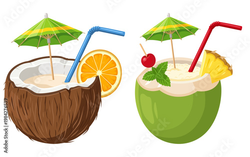 Set of two tropical summer coconut cocktails. Colorful refreshing drinks with fruits. Isolated on white background.
