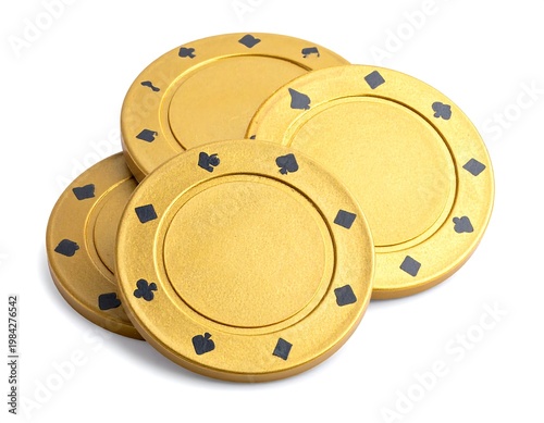 Stack of gold game chips with black suit symbols on a white background