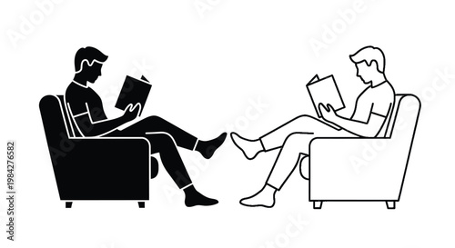 A contrasting depiction shows two men deeply engrossed in reading one in solid black and the other in vibrant green silhouette high quality professional