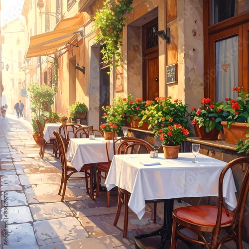 A quaint outdoor dining area on a cobblestone street (1)