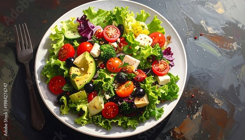A plate of salad with vegetables and a fork on a table