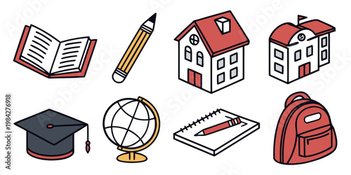 Color education and school supplies icon set featuring open book pencil school house graduation cap globe and backpack education supplies stationery building graduation backpack notebook