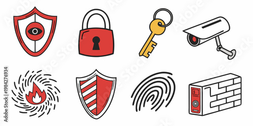 Cybersecurity and protection icon set featuring security shield red padlock key cctv camera firewall and biometric fingerprint security protection firewall fingerprint cybersecurity technology