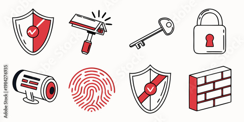 Security and surveillance icon set featuring shields surveillance camera key padlock fingerprint and firewall security surveillance fingerprint firewall protection biometric technology