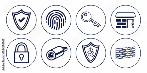 Set of cybersecurity and network protection icons including shield fingerprint key padlock camera firewall symbols with security protection fingerprint identity authentication biometric internet