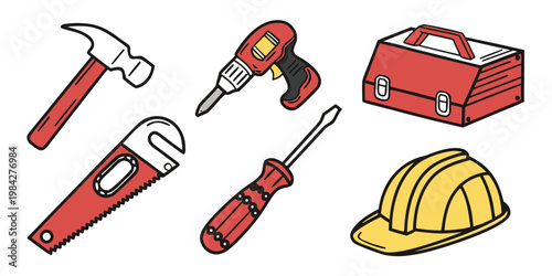 Professional worker tools collection featuring hammer electric drill saw screwdriver toolbox and safety helmet construction equipment screwdriver handyman carpentry maintenance industry