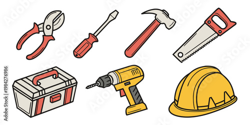 Collection of manual and power construction tools with yellow hard hat and metal toolbox construction equipment screwdriver handyman carpentry maintenance industry industrial mechanical