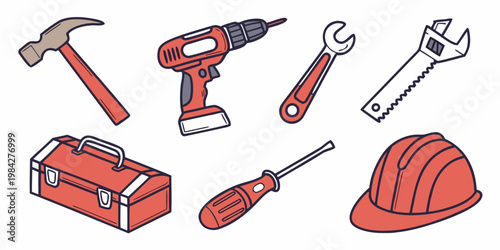 Set of construction tools and equipment illustration featuring hammer drill wrench saw toolbox and hard hat construction equipment carpentry handyman maintenance industry industrial mechanical
