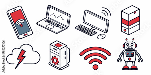 Digital technology and cloud computing concept with robotic automation icons technology computing internet smartphone automation connection wireless communication infographic hardware