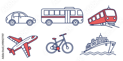 Set of modern line art transport icons including car bus train airplane bicycle and ship with transport airplane transportation collection illustration isolated background commuting movement