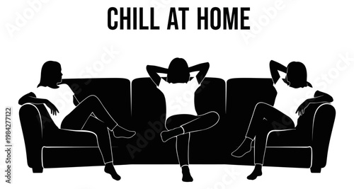 Three women relaxing on a sofa in a minimalist home setting