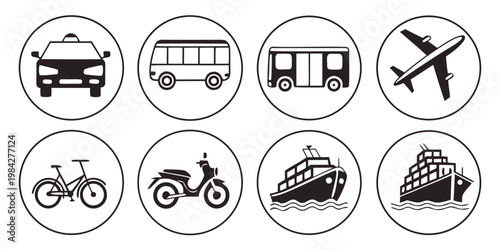 Set of black circular icons representing various modes of transport and cargo shipping with transport airplane motorcycle transportation collection minimalist illustration commuting shipping
