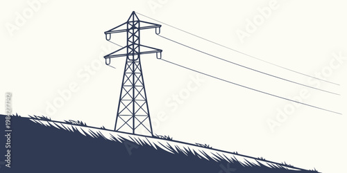High voltage electrical power pylon on grassy hill with electricity transmission infrastructure electric industrial silhouette engineering distribution technology structure electrical