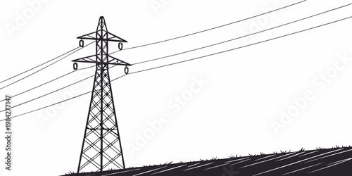 High voltage electricity pylon and power lines illustration with electricity transmission infrastructure electric industrial silhouette engineering distribution technology structure