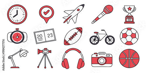 Collection of creative line art lifestyle and activity icons with lifestyle activity business location airplane microphone stopwatch calendar football headphone basketball collection