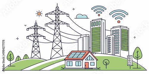 Sustainable smart city energy concept with solar power and wireless connectivity sustainable technology wireless electricity infrastructure transmission environment building