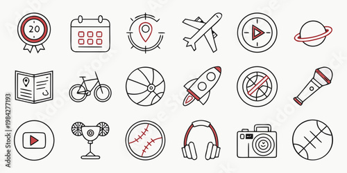 Collection of travel sports and multimedia vector icons in red and black outline style with multimedia calendar microphone headphone navigation location basketball graphics internet transport