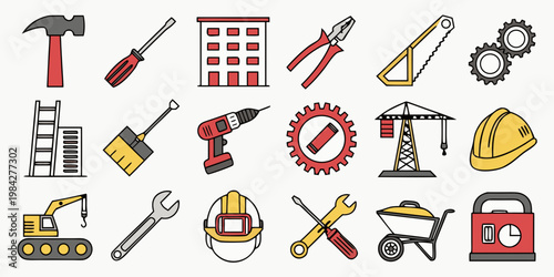 Industrial construction tools and building equipment icon set with hard hat construction building equipment industry screwdriver excavator wheelbarrow industrial renovation engineering