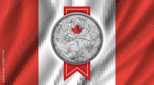 Vector pixel mosaic silver medal or coin with deer or moose. Canadian red maple leaf. Gray round token, pixels. Wild forest horned noble animal