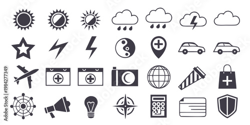 Set of various flat linear icons for weather travel and general UI design with collection navigation transport lightning location calendar megaphone calculator interface application vacation