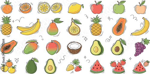 Large set of tropical fruit vector icons including avocado papaya coconut and watermelon for organic food branding and healthy lifestyle designs.