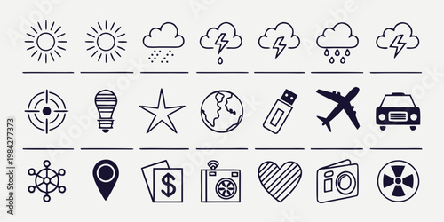 Collection of outline icons for daily use web design and digital interface with interface collection lightning navigation radioactive communication technology business minimalist pictogram