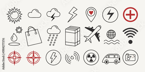 Modern linear icon set representing technology travel and daily services with technology interface lightning location shopping radioactive collection navigation communication pictogram