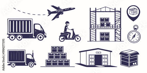 Monochrome icons for logistics and delivery services with supply chain logistics icon fast delivery shipping service cargo delivery vehicle transport icon logistics business cargo box