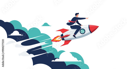 Businessman riding rocket powered bicycle fast.