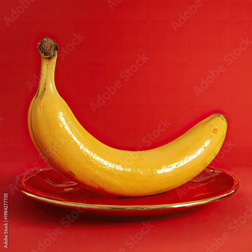 A vibrant yellow banana rests gracefully on a red plate against a bold red background, creating a striking and simple still life composition.