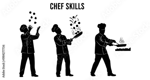 Chef skills demonstrated with juggling tossing and cooking food in pans