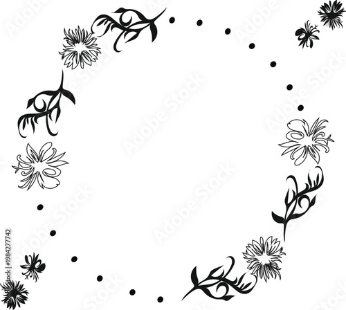 Decorative botanical round circles with various flowers, leaves, branches. Circle floral frame. Spring botanical elements. Rose, daisy, peonies blooms. Vector set.