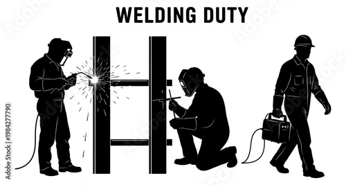 Construction workers performing welding tasks on metal beams during industrial labor