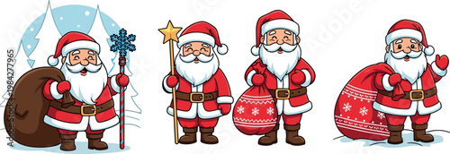 Santa Claus character set with Christmas gifts sack staff and festive poses isolated cartoon vector illustration collection