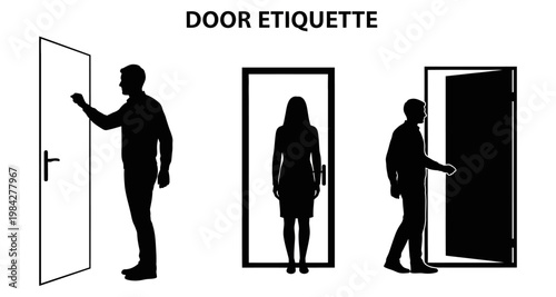 Door etiquette silhouettes showing proper entry and exit protocols for social and professional settings