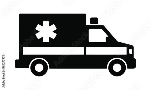 Ambulance Silhouette Vector, Emergency Medical Vehicle Black Icon, Hospital Transport Rescue Design on White Background