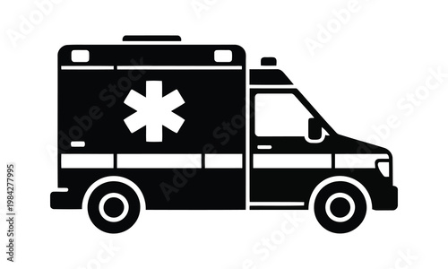 Ambulance Silhouette Vector, Emergency Medical Vehicle Black Icon, Hospital Transport Rescue Design on White Background