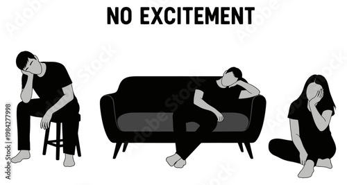 Figures exhibiting boredom and apathy in minimalist illustration during isolation