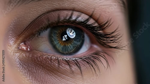 Close-up of a woman's eye with green iris and long eyelashes  
