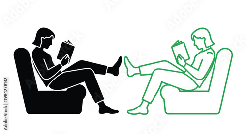 A depiction of a woman engrossed in a book while comfortably seated in an armchair shown in contrasting styles as a silhouette high quality
