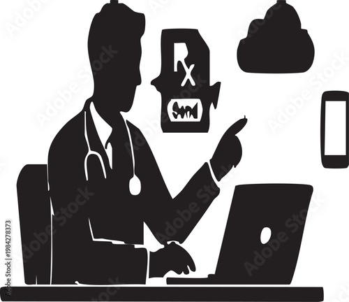 Doctor Sending Digital Prescription via Laptop to Cloud Vector Silhouette
