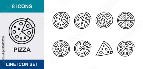 8 Pizza linear icons slice, whole pie, pepperoni, crust, fast food restaurant, UI and web interface design