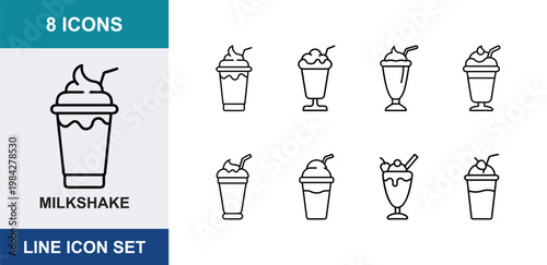 8 Milkshake linear icons whipped cream straw cherry sundae glass frappe smoothie, UI and web interface design