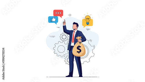 Businessman holding a money bag with a lightbulb, thumbs-up, and speech bubble, surrounded by gears, symbolizing monetizing ideas and operational success.