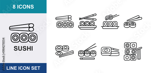 8 Sushi linear icons maki rolls chopsticks sashimi nigiri seafood platter, UI and web interface design